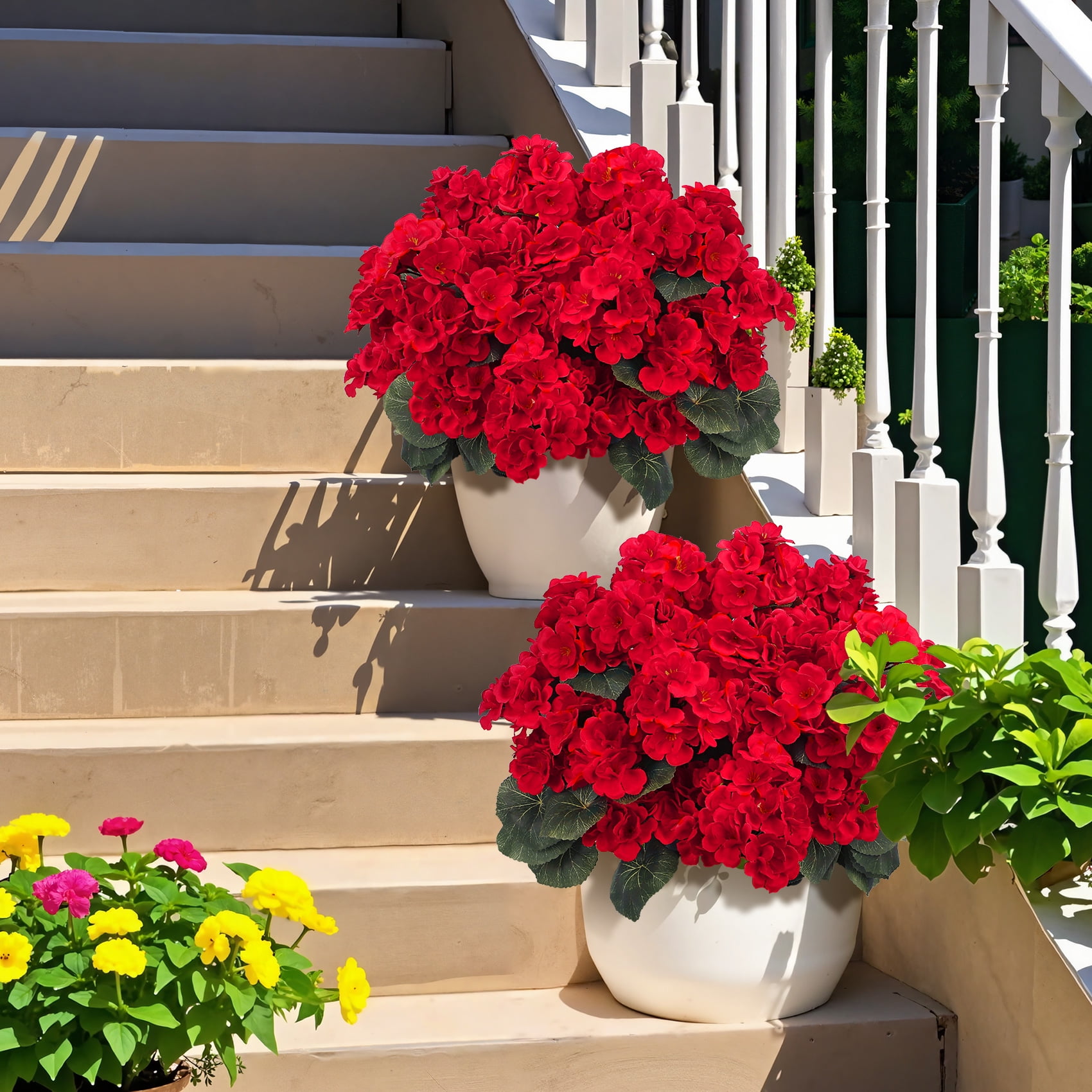 Scidweet Fake Geraniums Flowers, 6 Bundles 21'' Artificial Silk Flowers Faux Plants for Spring Summer Indoor Outdoor Table Patio Porch Yard Garden Home Decor, Ruby Red