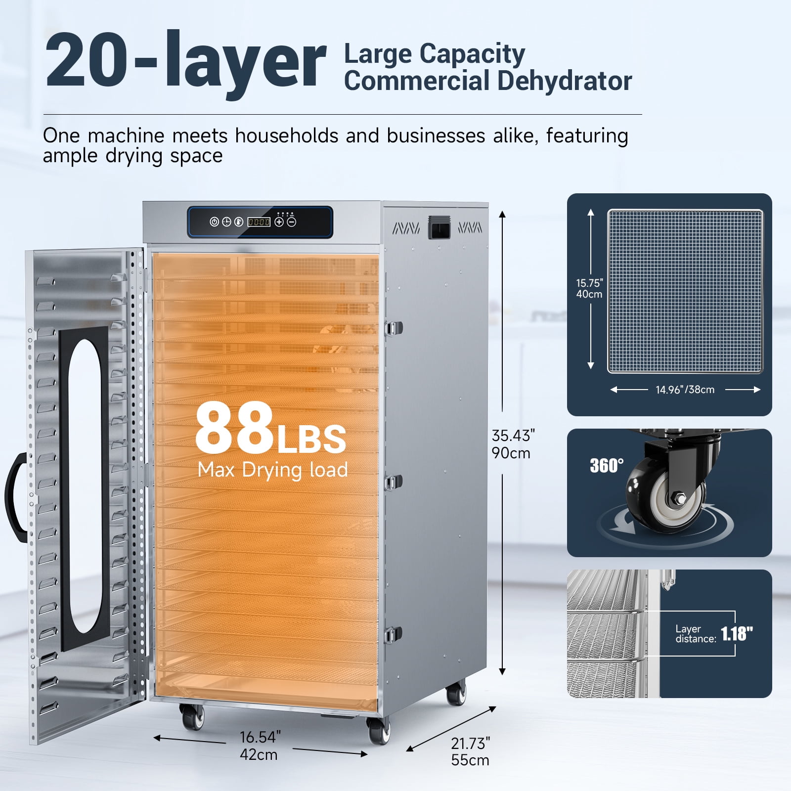 Commercial Food-Dehydrator Machine 20 Trays, Wi-Fi Industrial-Dehydrator Biltong Maker Large Capacity, 84ºF-194ºF Commercial Food-Dryer Machine, 1800W Meat Dryer for Jerky, Meat, Fruit, Herbs