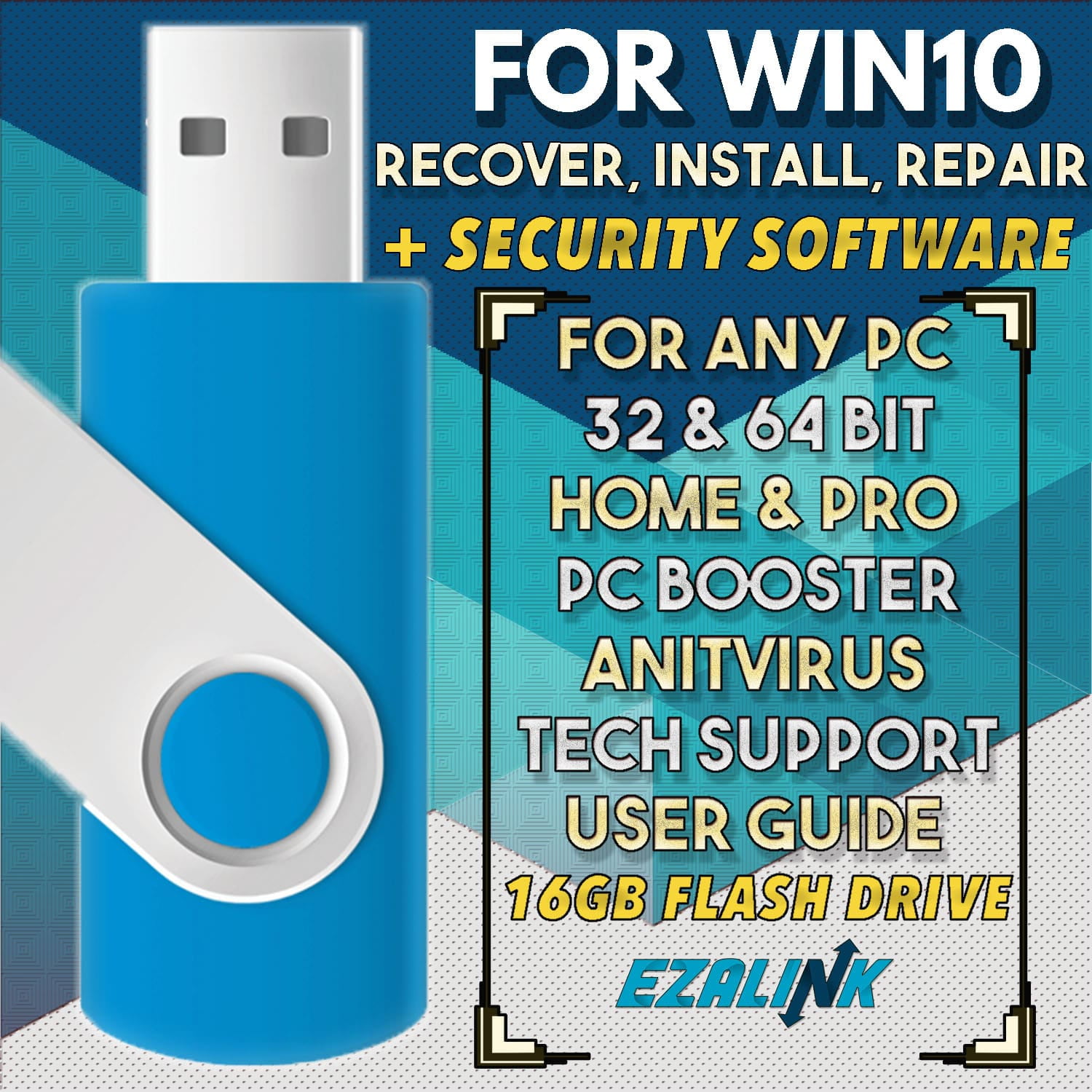 Først Kenya Drik vand Ezalink Bootable USB for Win10 Repair Recovery Install Restore Fix Factory  Reset with Antivirus Flash Drive - Walmart.com
