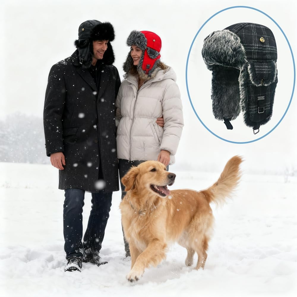 Fur Winter Trapper Hat,Wool Faux Fur Aviator Ski Trapper Trooper Pilot Snow Eskimo Hat with Ear Flaps for Men & Women