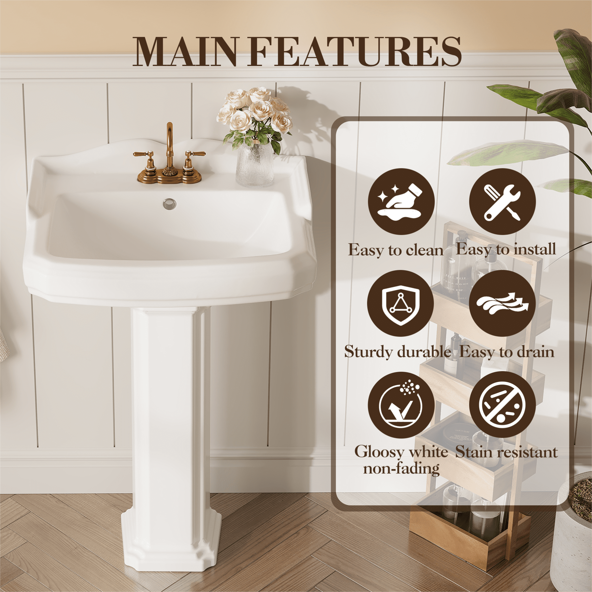 23"L x 19"W Rectangular Pedestal Sink, White Ceramic Pedestal Bathroom Sink with 3 Faucet Holes At 4" Faucet Centers, with Overflow (White Color)
