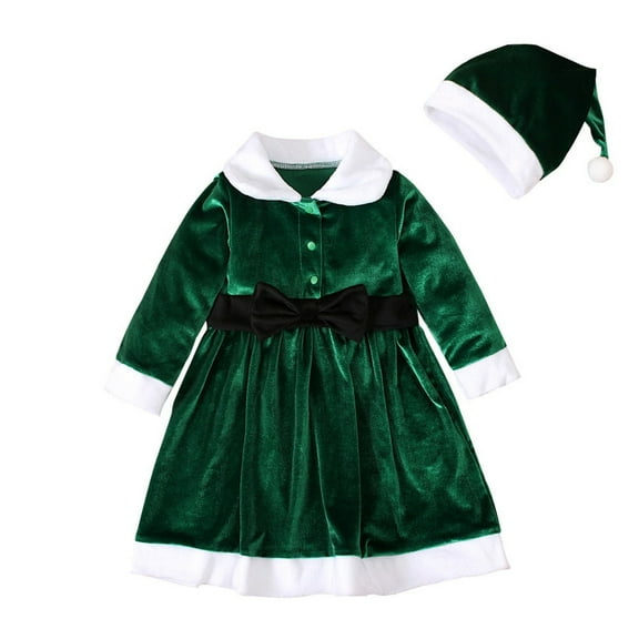 Mercatoo Toddler Baby Girl Christmas Outfit Xmas Dress Long Sleeve Velvet Dresses 𝐅𝐮𝐫 Santa 𝐂𝐥aus Hat 2Pcs Set
