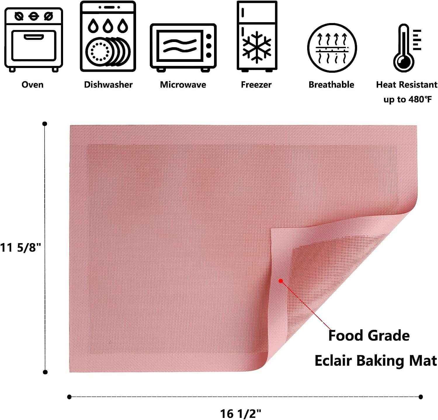 Perforated , 2 PCS Pink Eclair Silicone Mat for Half Sheet, Non-Stick Reusable Oven Liners for Making Bread/Pizza/Pastry/Cookie 11 5/8" x 16 1/2", Sakura Pink