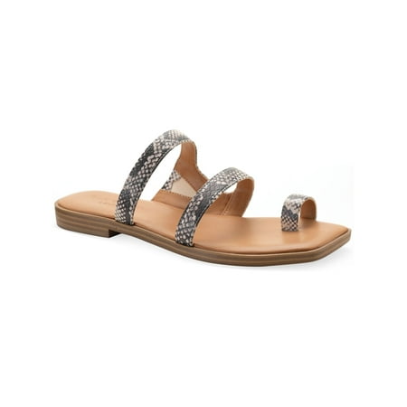 

SUN STONE Womens Beige Snake Toe Loop Goring Padded Strappy Sandyl Square Toe Slip On Leather Thong Sandals 7 M