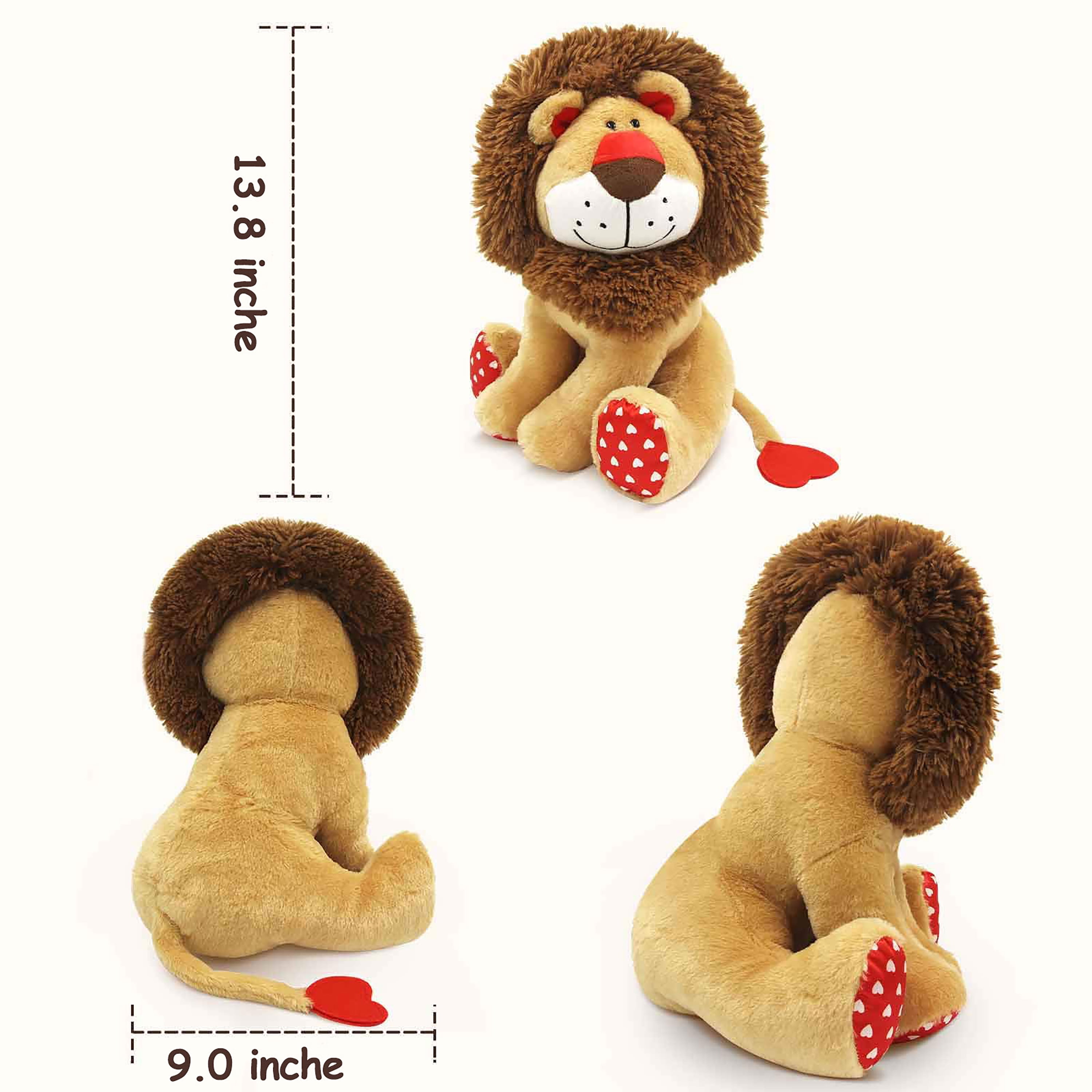 WEIGEDU Love Valentines Lion Stuffed Animal, King Lion Plush Toy with Mane Heart Shape Tail, 13.8 inches