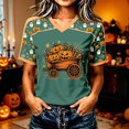 thumbnail image 2 of Yuncity Womens Shirts Halloween Pumpkin Graphic Print Tees Summer Fall V Neck Baseball Short Sleeve T-Shirts Casual Loose Fashion Tshirt Size L Green, 2 of 5