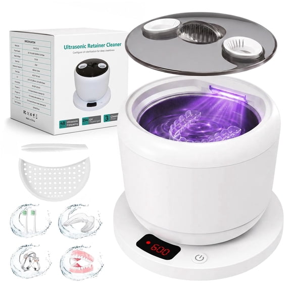 Ultrasonic Retainer Cleaner Machine, 45kHz Dental Cleaning Pod with Digital Timer & 4 Modes, 200ML Capacity for Denture, Mouth Guard, Aligner, Night Guard, Braces, Toothbrush Head & Jewelry