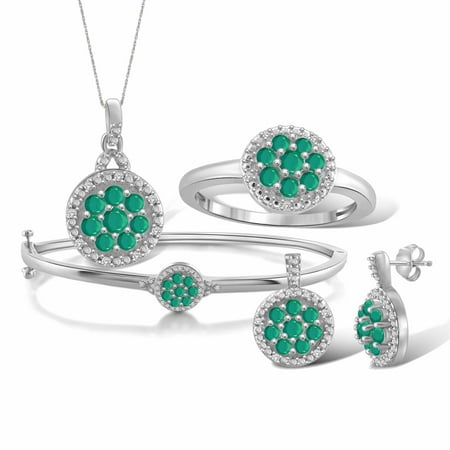 JewelersClub 2 1/2 Carat T.G.W. Emerald And White Diamond Accent Sterling Silver 4-Piece Cluster Jewelry Set