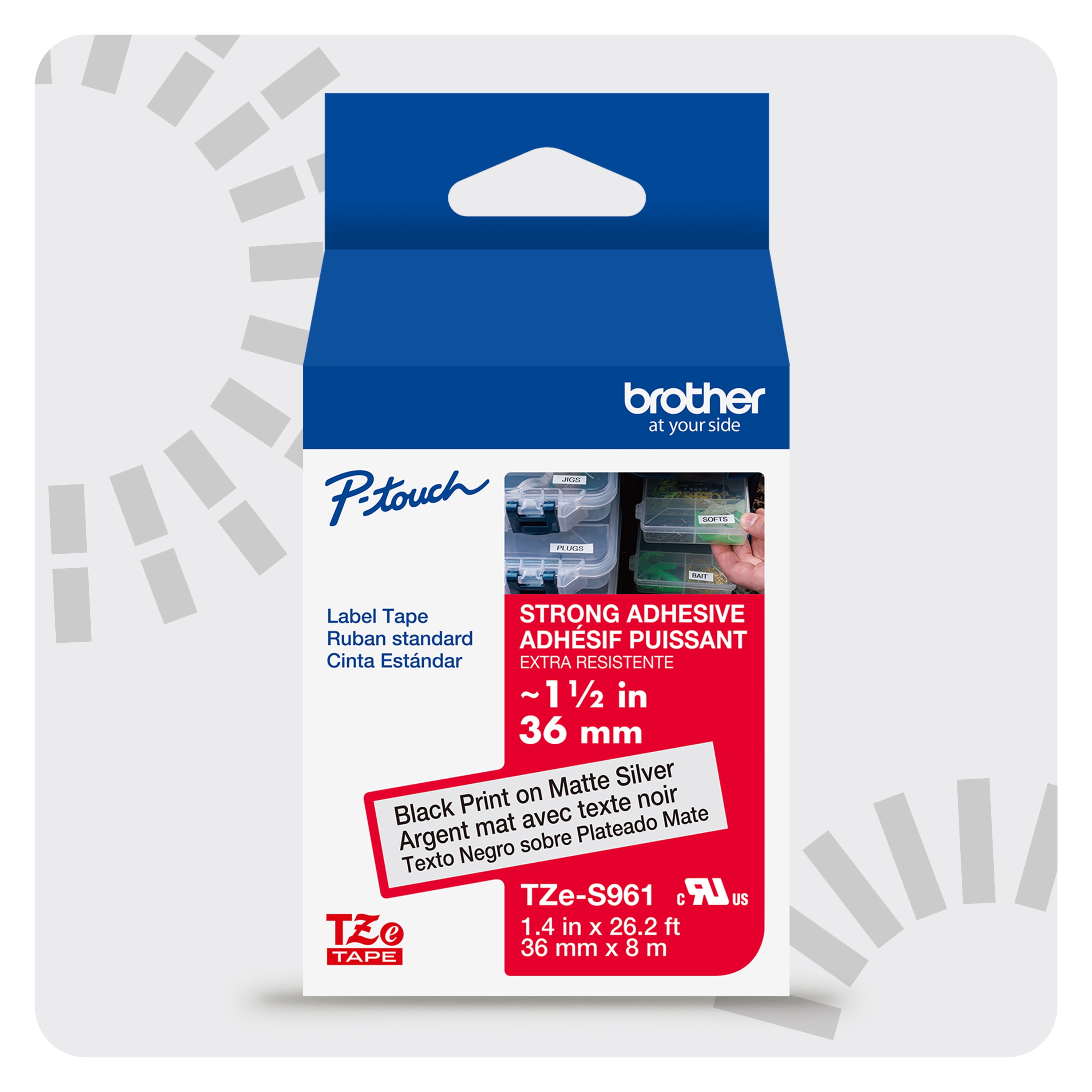 Brother P-touch TZeS961 Black Print on Matte Silver Label Tape, 1-1/2in (36mm) x 26.2ft (8m) Laminated, 1-Piece