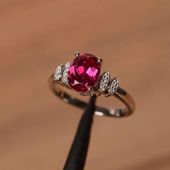 Aishvi Jewels 2Ct Oval Cut Lab-Created Red Ruby Solitaire Engagement Ring 14K White Gold Plated