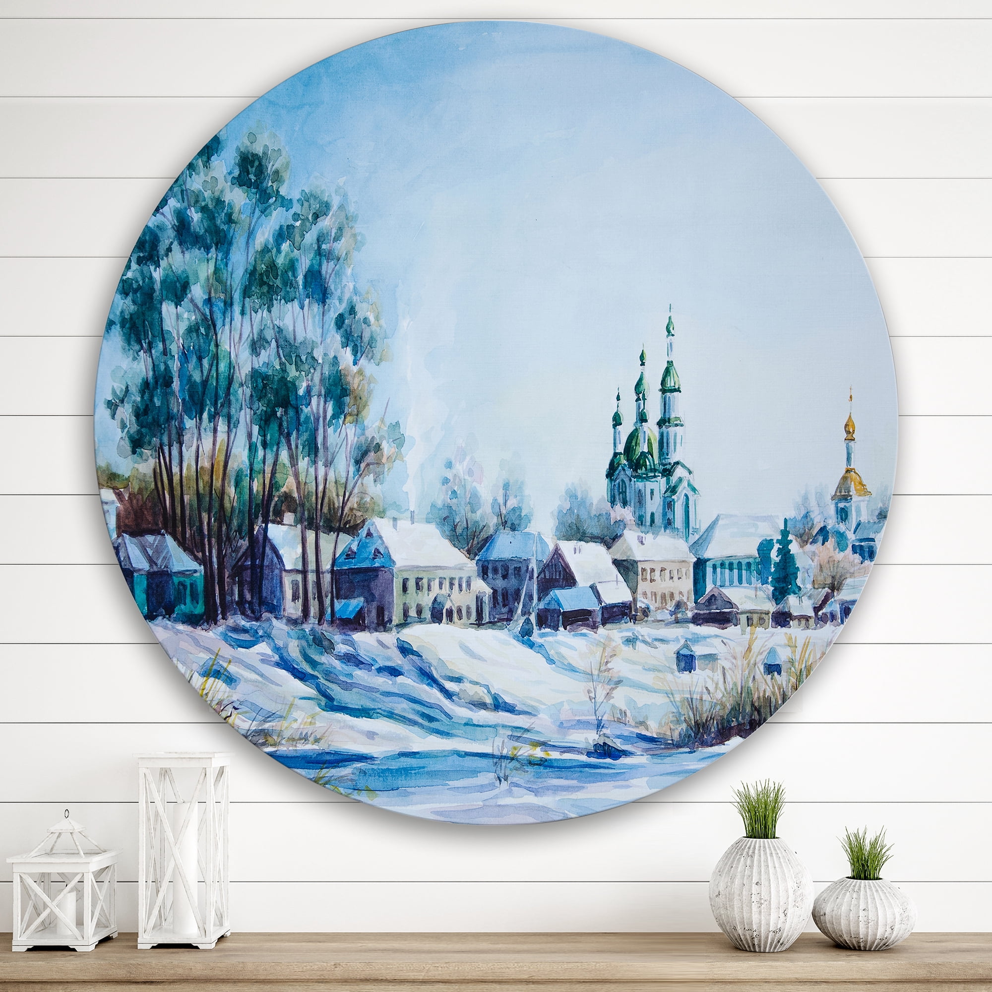 Designart 'Small Town Covered In Snow In Winter Times' Traditional Circle Metal Wall Art 36x36 - Disc of 36