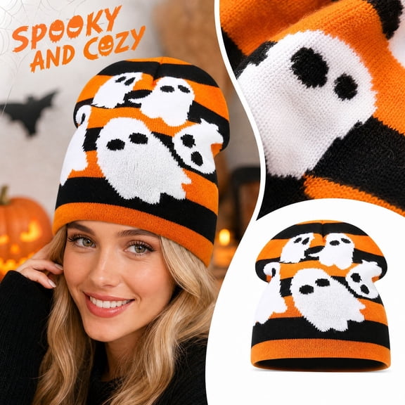 Halloween Stripe Warm Beanie Hats for Men Women, Ghost Warm Winter Caps Unisex Fashion Knitted Cap, Ideal Halloween Gifts, Orange
