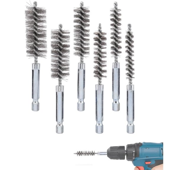 NOGIS 6Pcs Stainless Steel Bore Brush in Different Sizes Twisted Wire Cleaning Brush with Handle 1/4 Inch Hex Shank for Power Drill Impact Driver