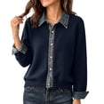 thumbnail image 3 of Fengqque Women’s Denim Collar Button Down Cardigan Sweaters Long Sleeve Cuffed Denim Trim Loose Fit Outerwear Tops Navy Free Size, 3 of 6