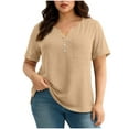 thumbnail image 3 of Womens Blouse Plus Size V-Neck Short Sleeve Solid Color Button-up Women Fashion Clothing Beach Vacation Clothes Travel Business Casual Outfits, 3 of 10