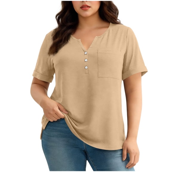 Kukoosong Women's Plus Size V-Neck Pocket T-Shirt - Soft Casual Short Sleeve Tee with Button Placket Plus Size Women T-Shirts