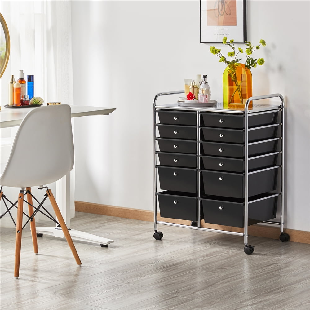 Renwick 12 Drawer Mobile Rolling Storage Cart for Home Office, Black