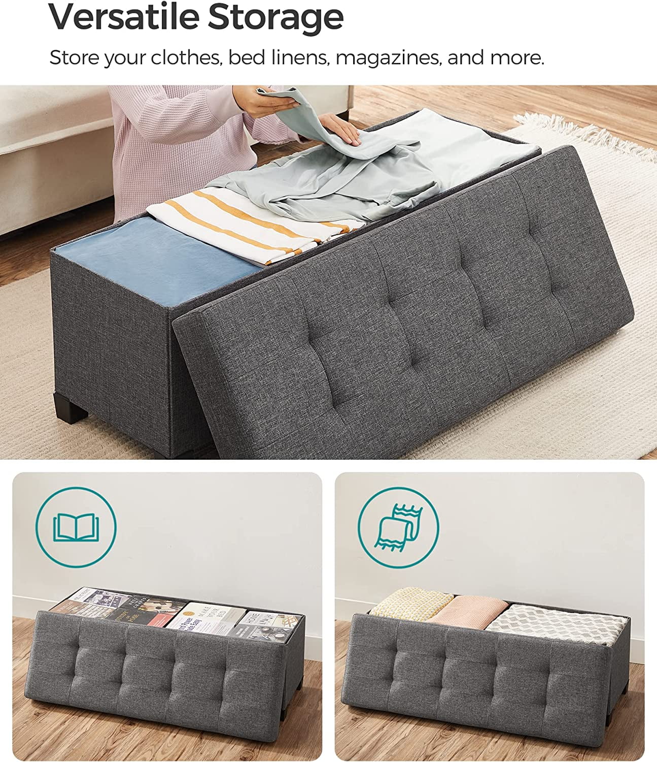 SONGMICS 43.3" Storage Ottoman Bench Ottoman with Storage CoEnd of Bed Storage Holds Up to 660 lb for Living Room Dark Gray