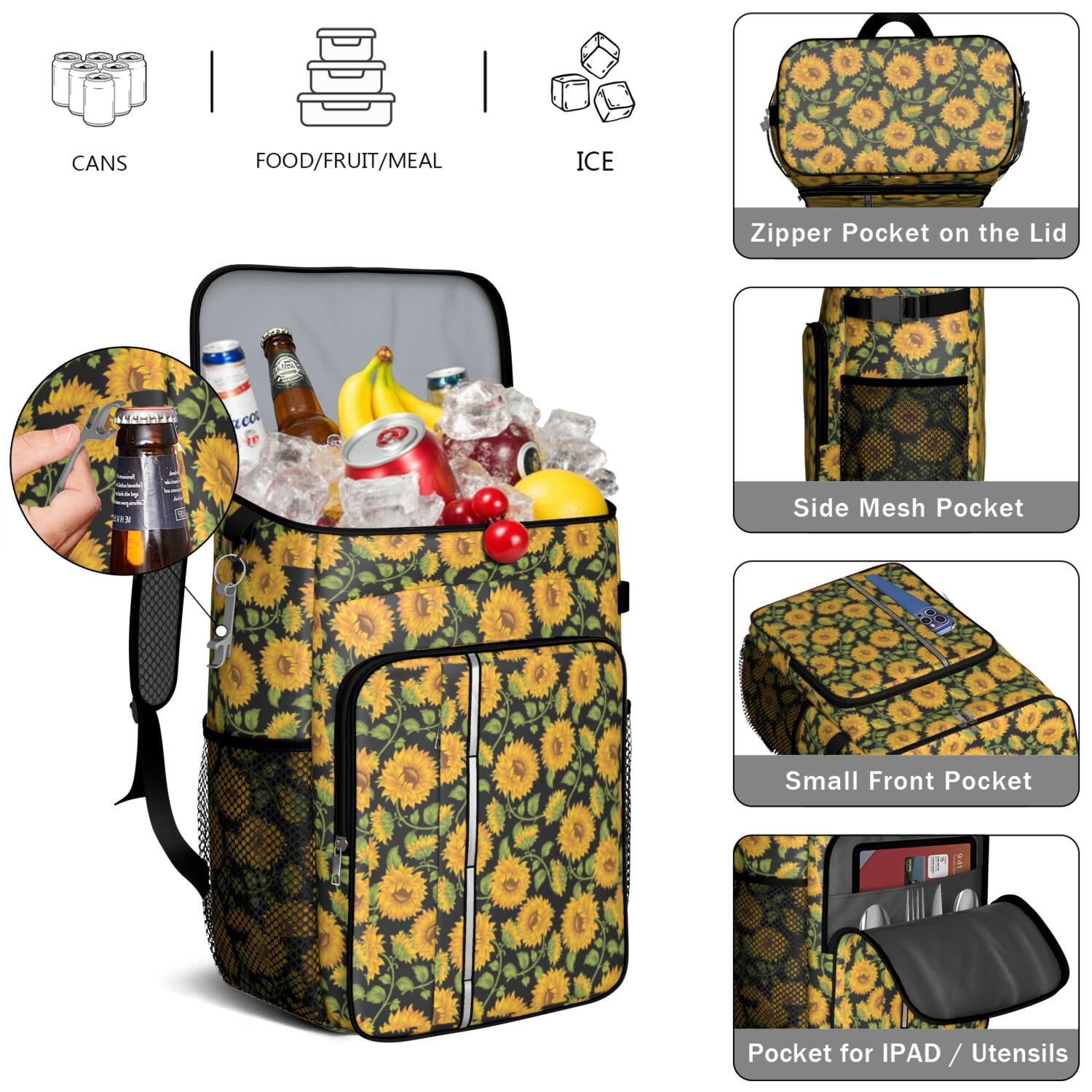 Travel Cooler Bag - Black Sunflower Camping Beer Cooler Backpack with Bottle Opener- Waterproof Insulated Picnic Backpacks - Cooler Bag for Beach