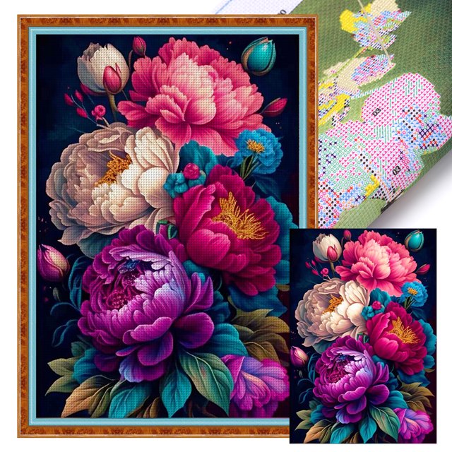 Hilo de bordar de algodón ecológico completo, obra de arte de punto de cruz con estampado de peonía de 11CT, 40x60cm