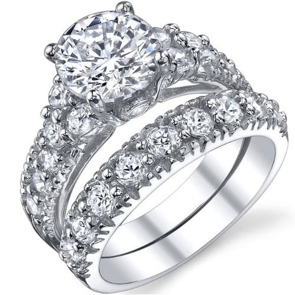925 Sterling Silver Ring Wedding Band Women's Engagement 2 Piece Ring Set Round Cut Cz