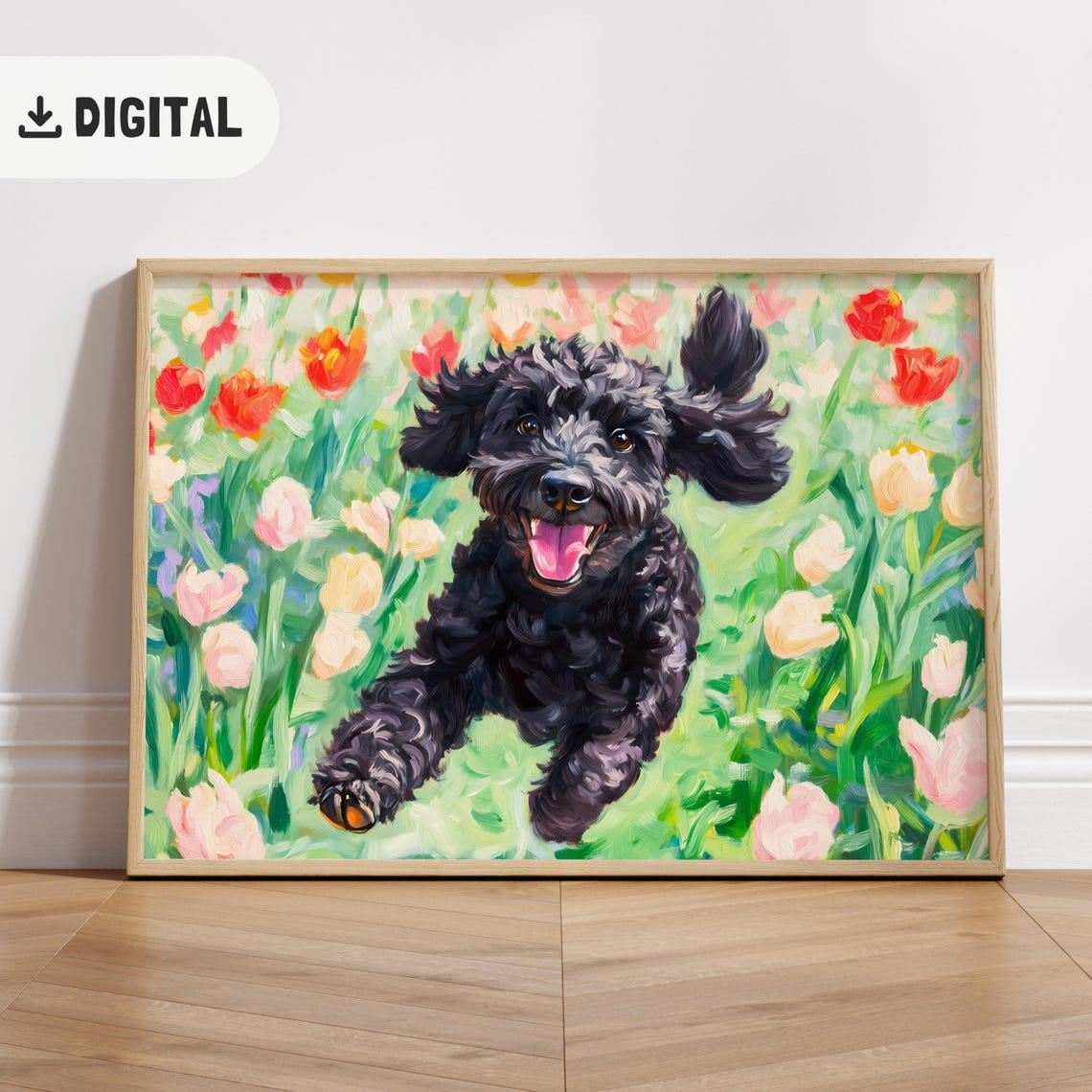 Black Poodle , Floral Doodle Dog Wall Art, Flowers Landscape Maltipoo Dogful Aesthetic Cottage House Decor Unframed Paper Print