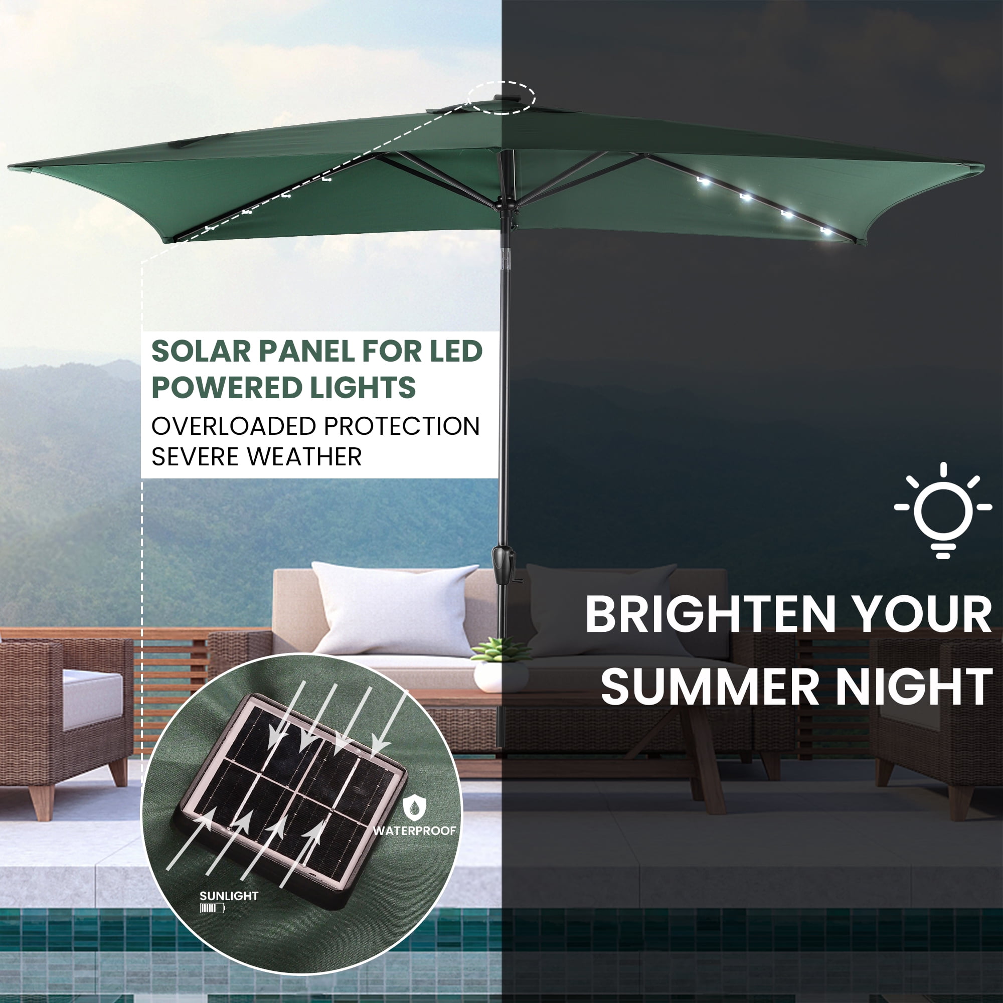 Sun-Ray 6.6x10 FT Solar LED Rectangular Patio Umbrella with Push-Button Tilt and Hand Crank Canopy Lift, Table Umbrella with Solution Dyed Navy Fabric for Porch, Deck, Garden, and Swimming Pool, Green