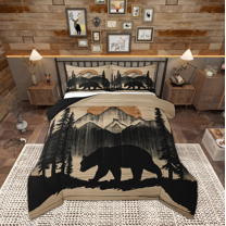 Manfei Rustic Bear Print Queen Comforter Set, Jungle Wildlife Bedding Comforter Set, Farmhouse Tree Botanical Reversible Bedding Set, Breathable Home Decor, 3pcs