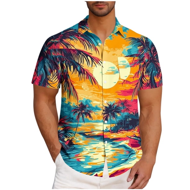 Mens Casual Manga Corta Botón Abajo Camisas Turndown Cuello Blusa de Impresión, Poliéster Ligero Top de la Moda para el Verano Al Aire Libre Y el Uso Diario