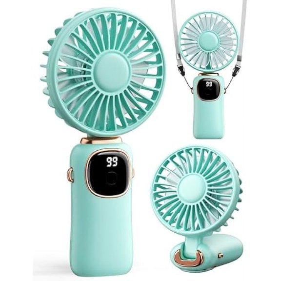 FU1999Portable Handheld Fan, 4000mAh Battery Operated Fan with LED Display, Handheld/Neck/Desk 3 in 1 Personal Small Fans, 90° Foldable Desk Fan with Base, 5 Speed Makeup Lash Fan for Women Green