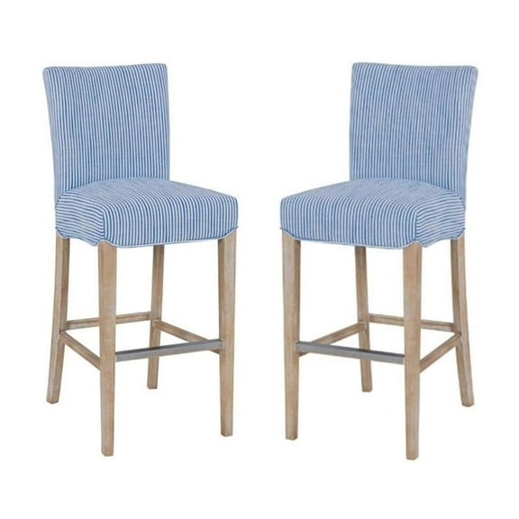 Pemberly Row 29.5" Bar Stool in Blue Stripes & Natural - Set of 2