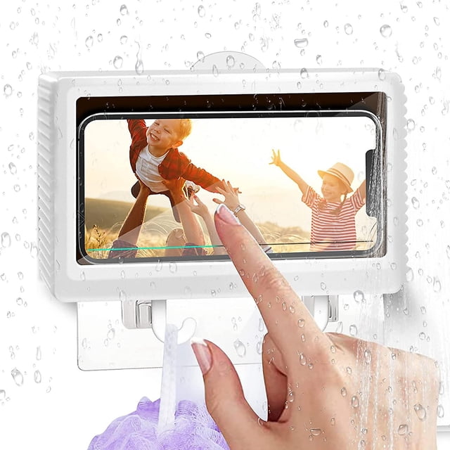 Soporte para teléfono de ducha impermeable, soporte para teléfono móvil de pared, estante de montaje para baño con ganchos, blanco
