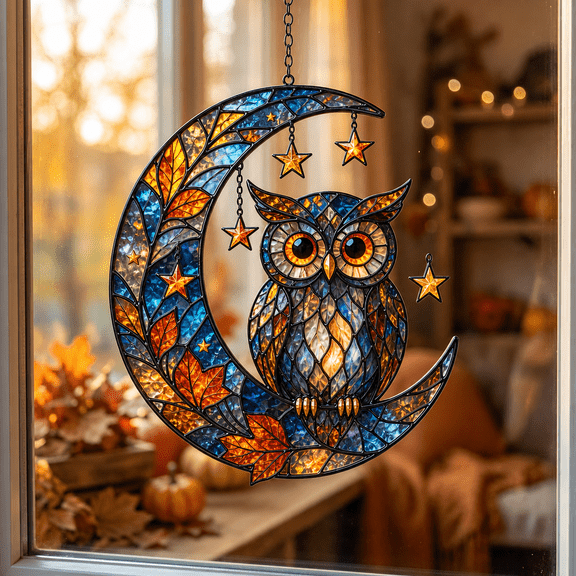 Owl on Crescent Moon Acrylic Suncatcher Window Hanging Gift for Mom