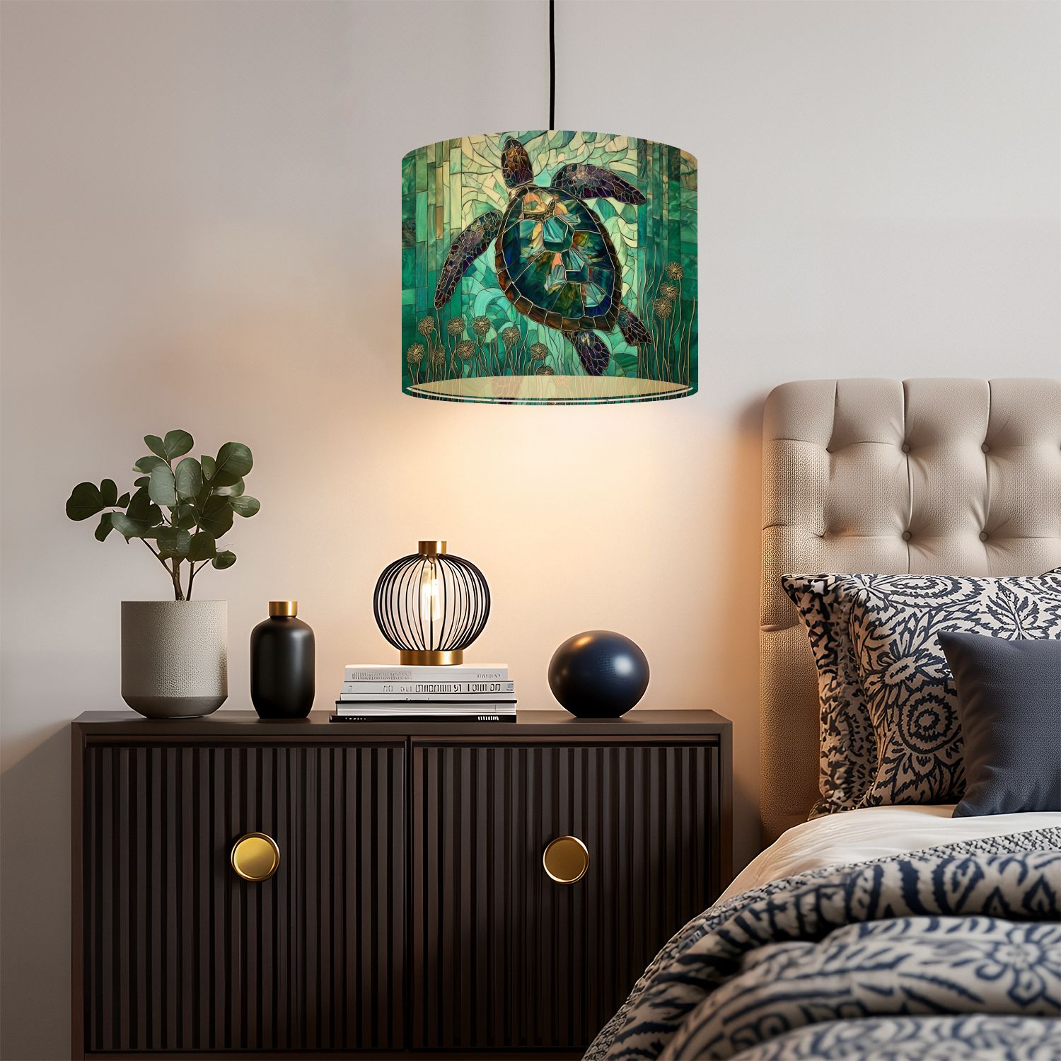Linen Drum Lampshades Graceful Teal Stained Glass Sea Turtle Illustrated Anemones 13"x13"x10" Light Shade for Table Lamps Floor Lamps Drum Lamp Shades Lampshade Replacement Assembly Required