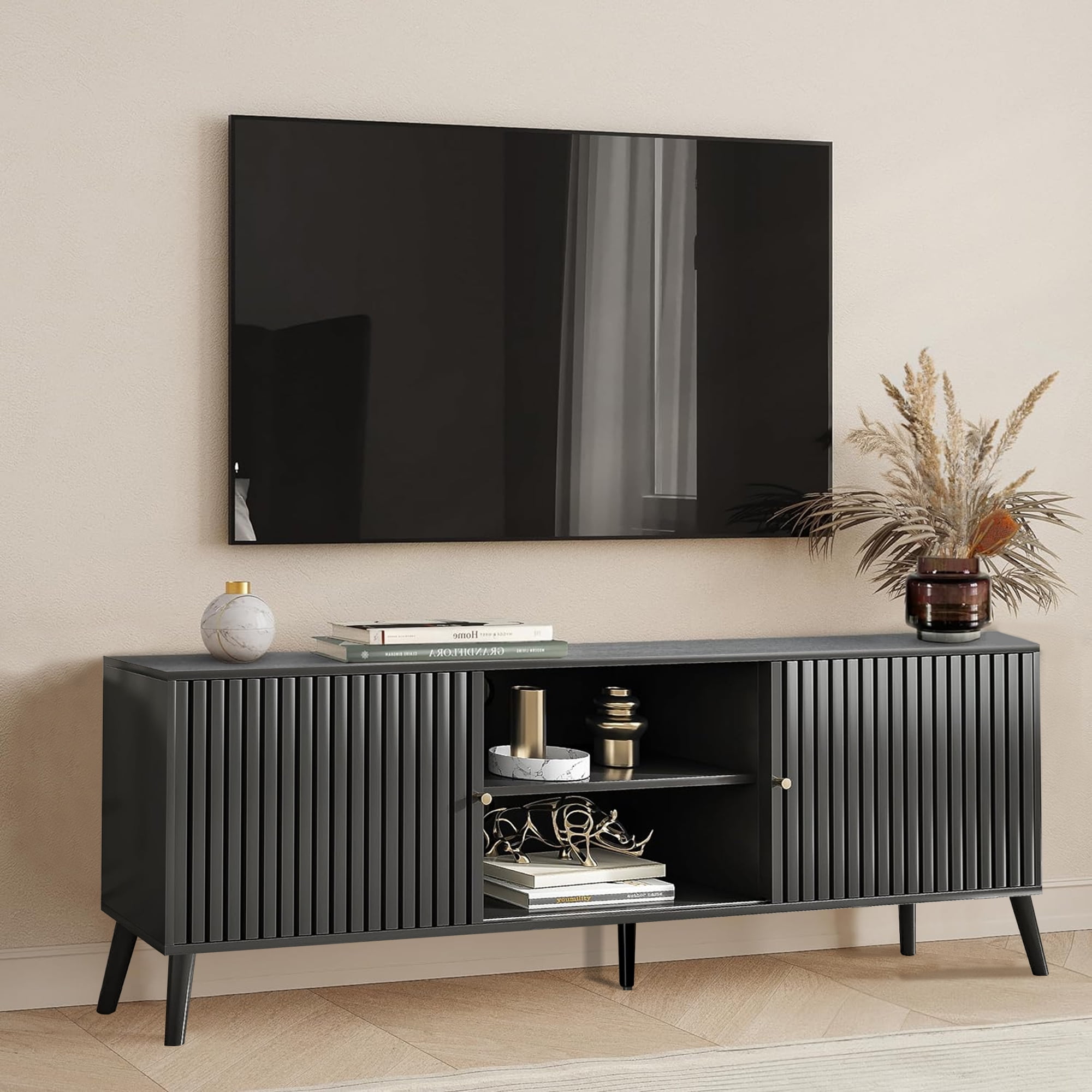 Mid-Century Modern TV Stand for TVs up to 70”, Sliding Door Wood Entertainment Center with Storage