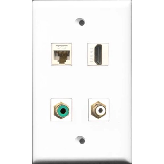 RiteAV 1 Port HDMI and 1 Port RCA White and 1 Port RCA Green and 1 Port Cat6 Ethernet White Wall Plate