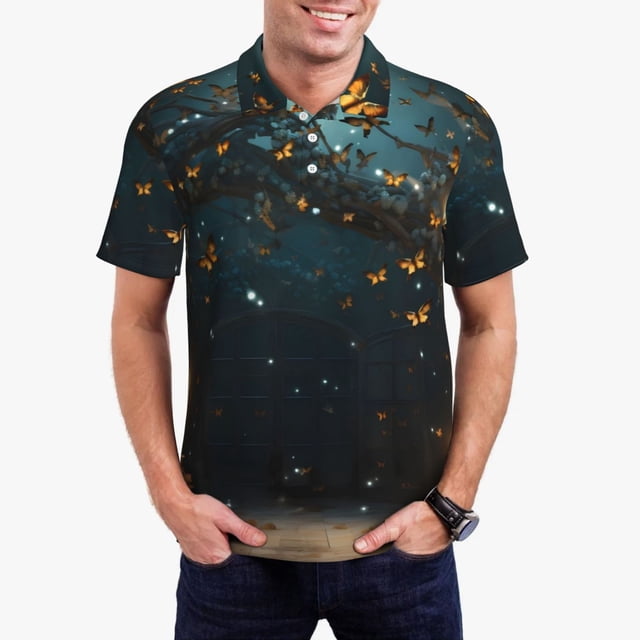 Fotbe Magical Library Butterfly Night Camiseta Polo de Golf para Hombre con Estampado – Camisa Deportiva Transpirable con Cuello Abotonado-3X-Large