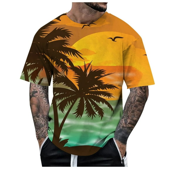 JDEFEG Shirts for Men Relaxed Fit Male's Short Sleeved Independence Day Flag Print T Shirt Running Gym Workout Tee Tops Work Shirts Yellow Size L