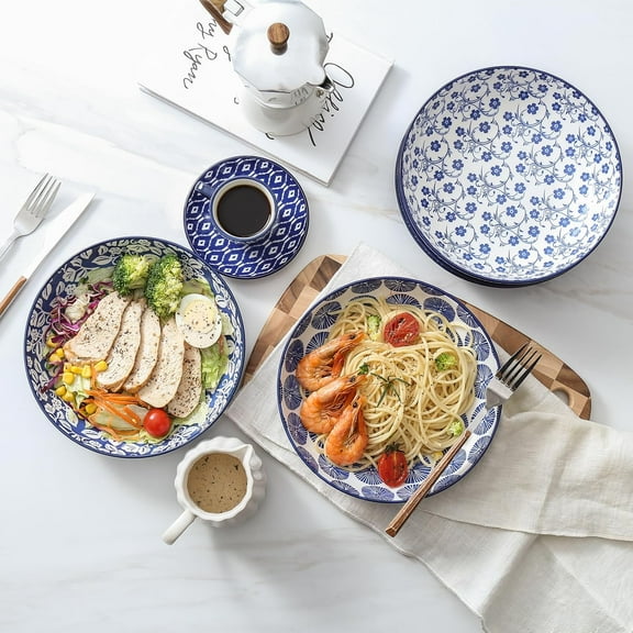 Ceramic Pasta Bowls Set 34 OZ, Large Salad Bowls 8.6 Inch Dinner Bowls for Kitchen, Wide Shallow Bowls Deep Plates for Pasta Soup, Microwave & Dishwasher Safe, Set of 6, Vintage Blue