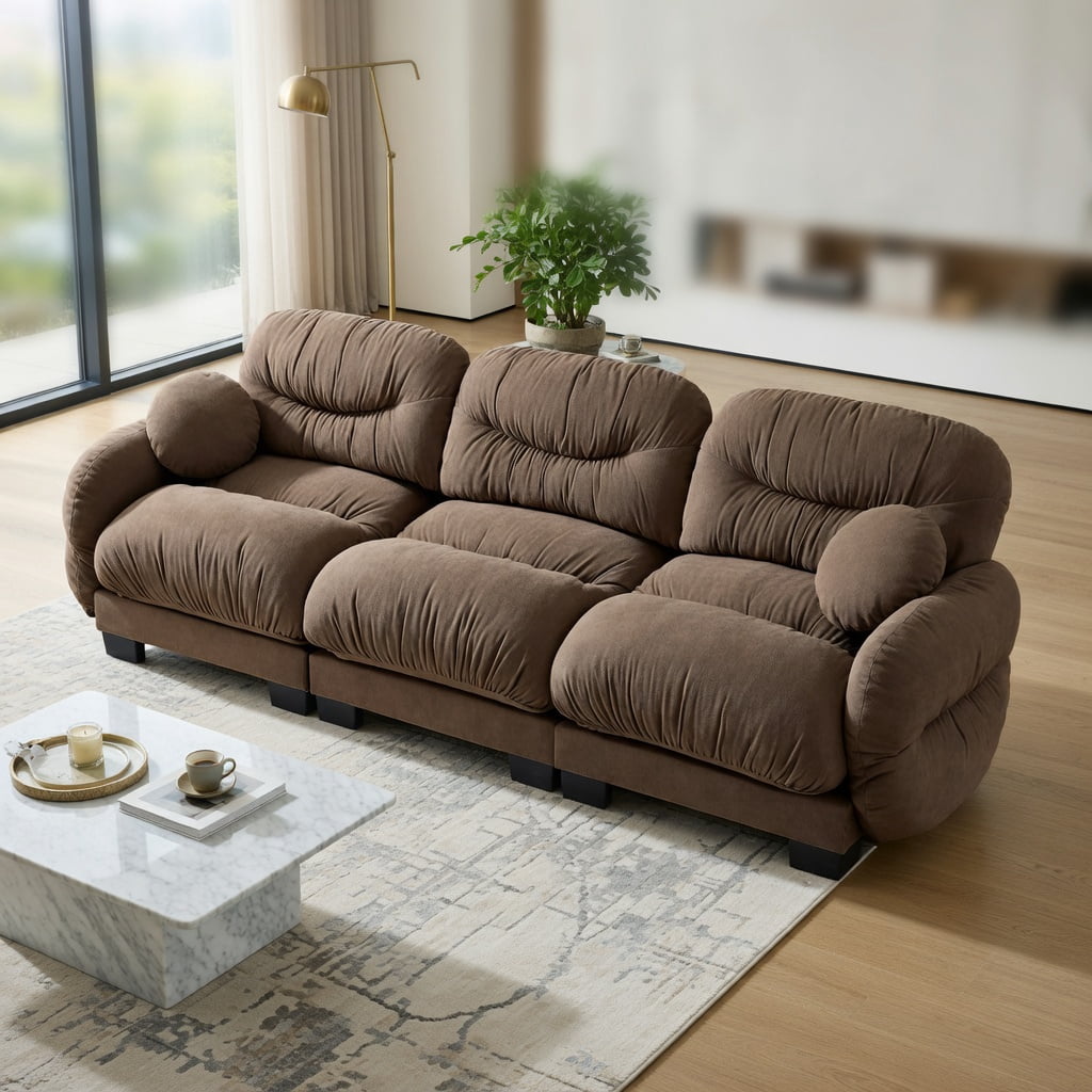 Hommoo Chenille 3-Seater Modular Sofa with Pleated Back Design, Ergonomic High-Density Foam Cushions & Curved Armrests, Includes 2 Round Throw Pillows, Brown