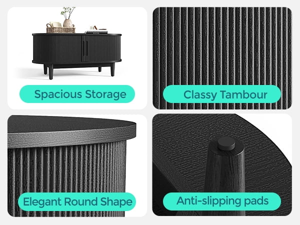 LINSY HOME Fluted Coffee Table with Storage, Mid-Century Coffee Table for Living Room with Sliding Tambour Door, Black
