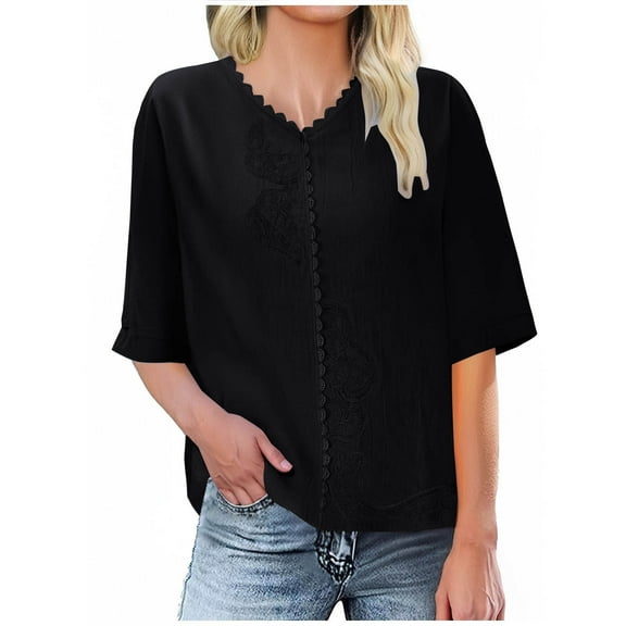 Womens Linen Tops Dressy V Neck Half Sleeve T-Shirts Summer Plain Business Casual Boho Embroidered Shirts Loose Work Blouses Ruffle Pullover Top