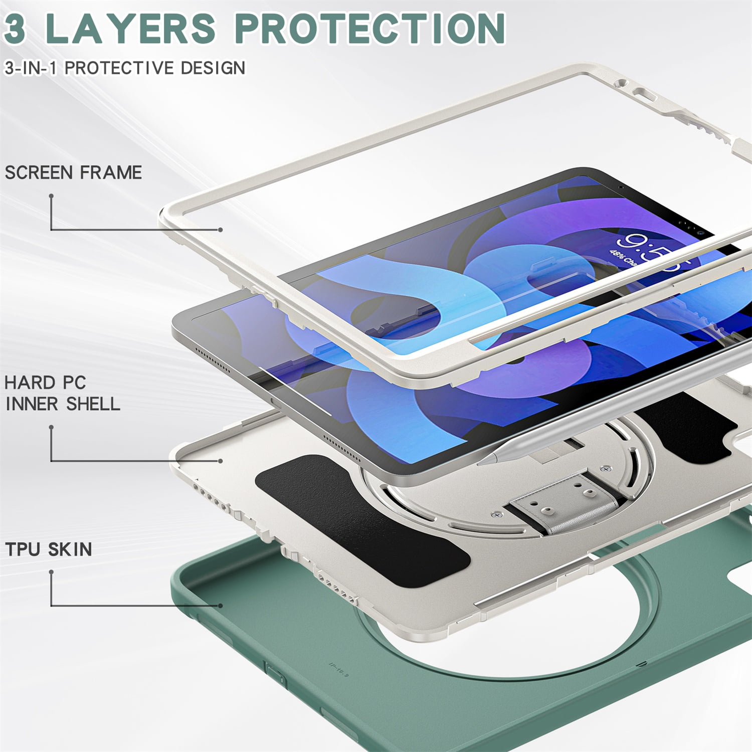 SaniMore for Apple iPad Air 11 2024 Case, 3 Layers Multi-Functional Case with Pencil Holder & Hand Strap Multi-Angle Kickstand Shockproof Protective Case for Women Men, Emeraldgreen