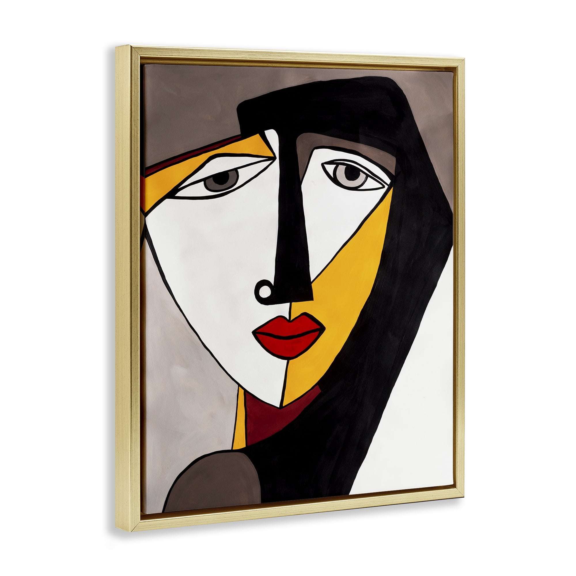 Stupell Industries Cubism Female Face People Painting Gold Floater Framed Canvas Art Print Wall Art, 17 x 21