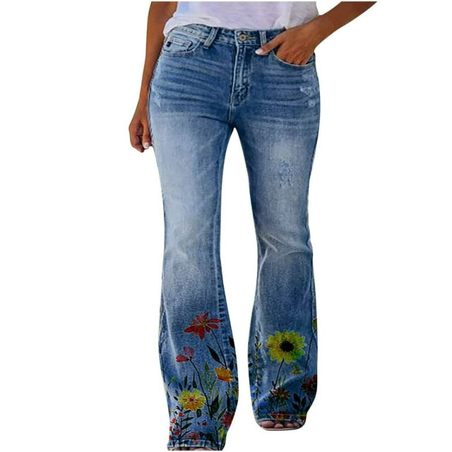 LNGOOR Flare Jeans for Women Plus Size High Waist Stretch Slimming Blue Wide Leg Pants Rise Skinny