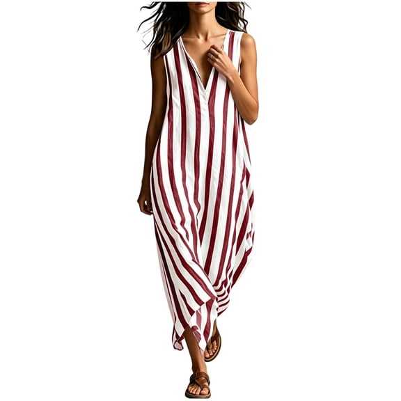XuJwPNcy Summer Dresses for Women Breathable V Neck Maxi Dresses Sleeveless Striped Dress Thin Breathable Vacation Clothes