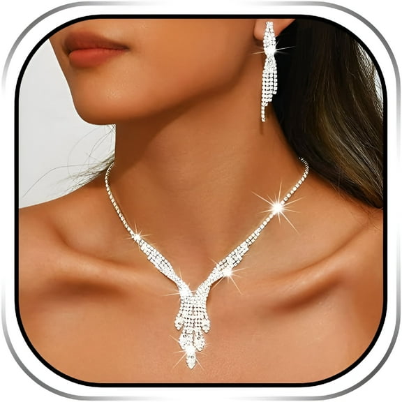 DESIGNICE Rhinestone Bridal Wedding Jewelry Set Sparkly Silver Crystal Jewelry Necklace Prom Elegant Costume Jewelry For Women