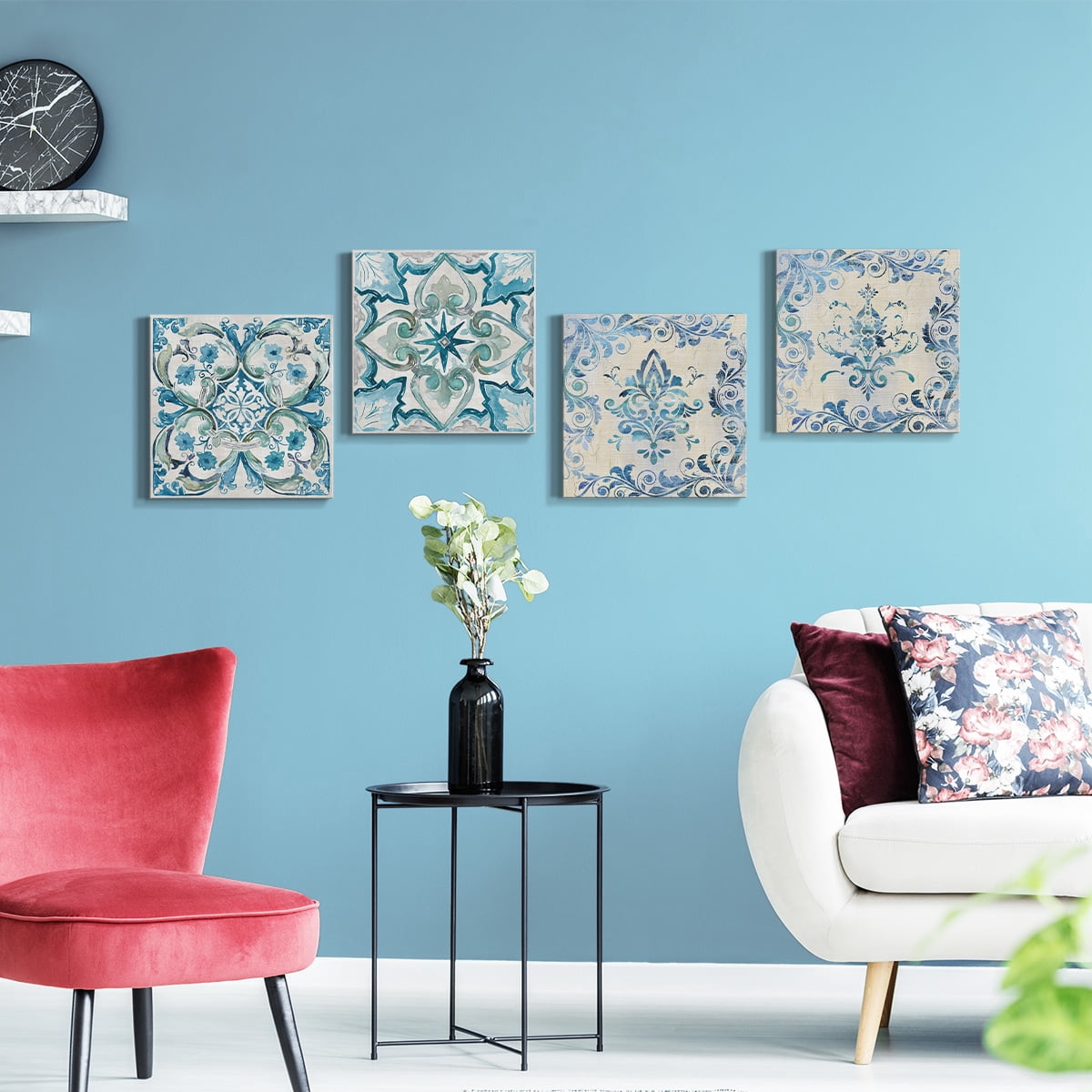 Wexford Home Blue Abstract Wall Art 24 x 24 inches Set of 4 Flower Pattern Canvas Prints Wall Decoration for Living Room Bathroom Bedroom