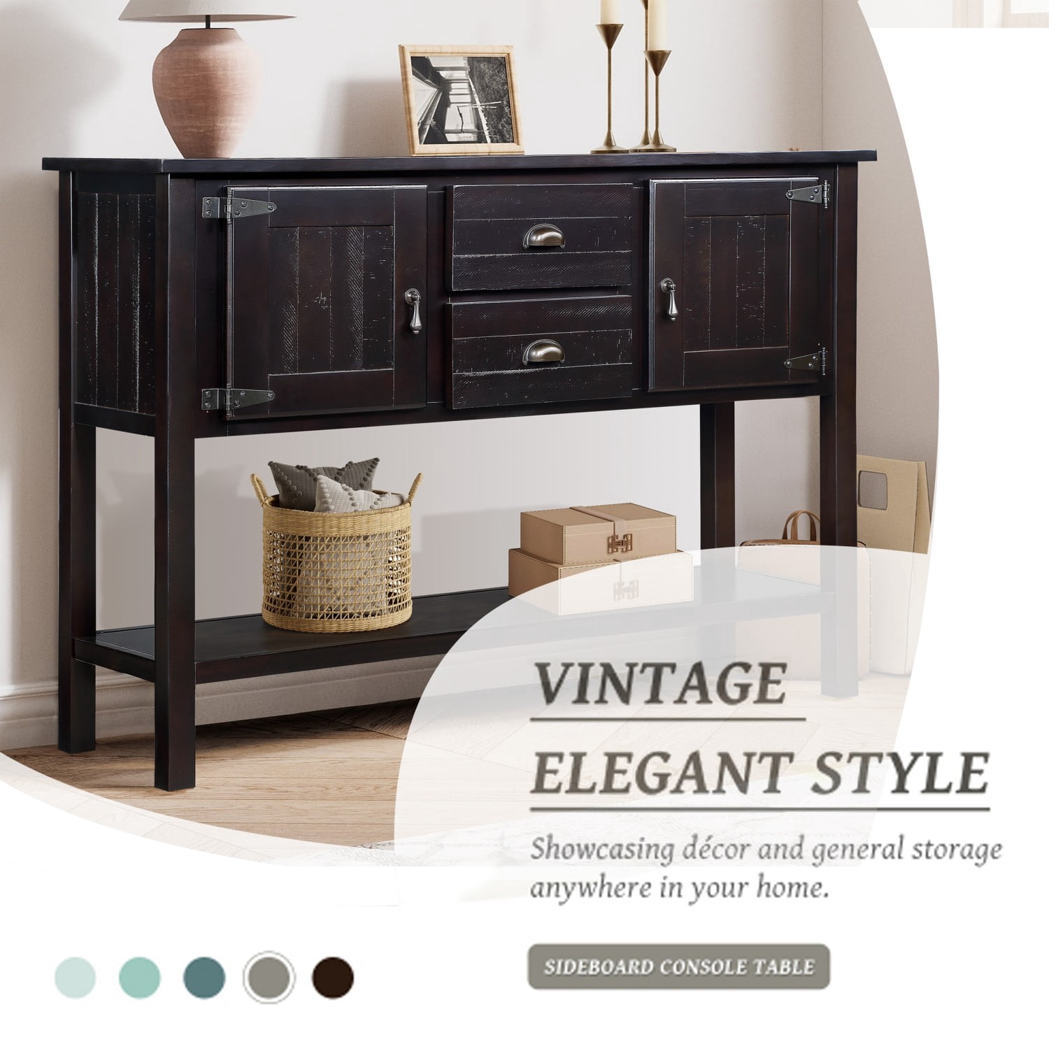 46.5" Solid Wood Sideboard Buffet Cabinet with 2 Drawers, 2 Doors and Bottom Shelf, Retro Console Table Storage Cabinet for Kitchen Dining Room Living Room, Espresso