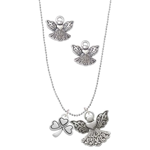 Delight Jewelry Silvertone Antiqued Shamrock Silver tone Guardian Angel Charm Necklace and Stud Earrings